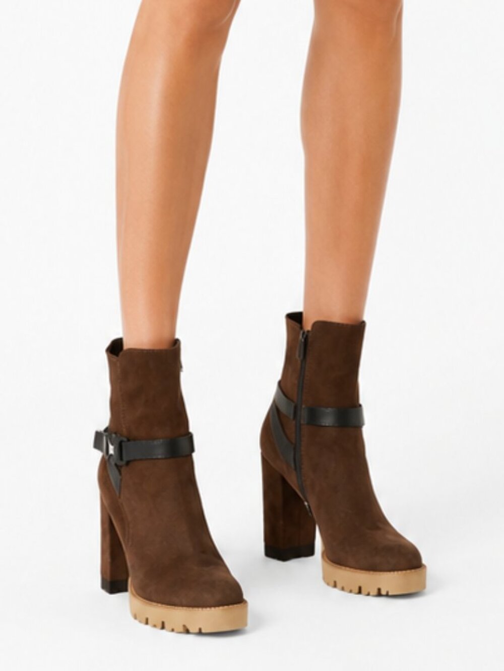 LA CANADIENNE BROWN SUEDE BLACK LEATHER STRAP CHUNKY TAN HEELED BOOTIES - 41
